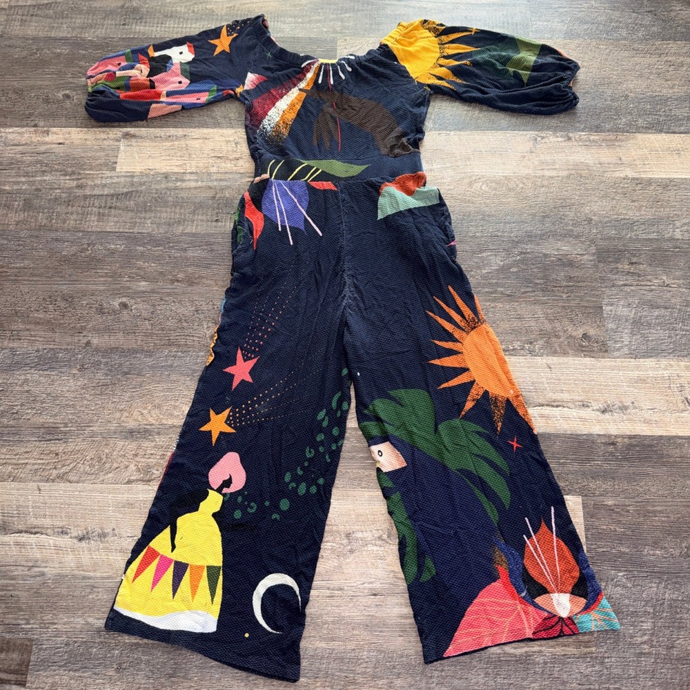 Farm Rio for Anthropologie Navy Celestial Tropical Wide Leg Jumpsuit Small P - Picture 5 of 11